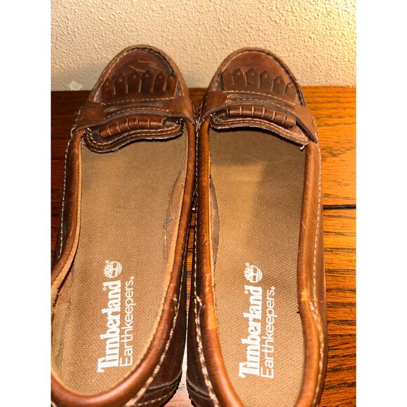 Timberland Preppy Distressed Boho Hippie Brown Fringe Leather Penny Loafers - Picture 9 of 12